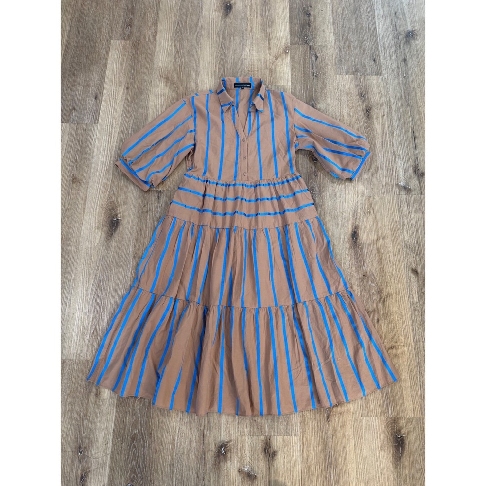 English Factory Brown Midi Dress with Blue Stripes